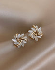 Gold Circle Earrings with Opal Petal