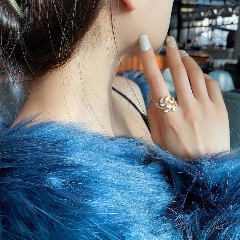 Adjustable Gold Ring With White Opal Leaf