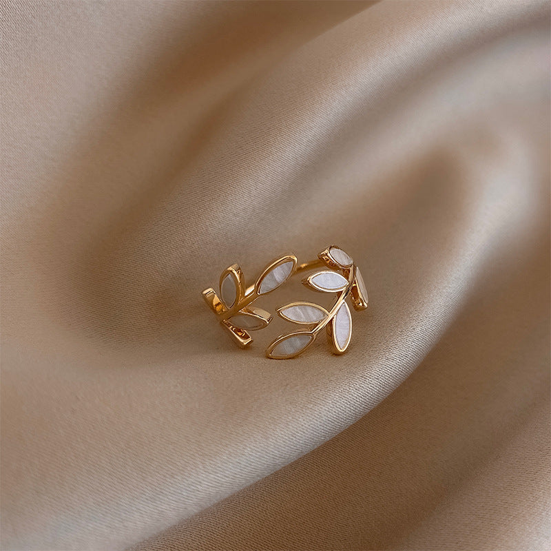 Adjustable Gold Ring With White Opal Leaf