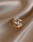 Adjustable Gold Ring With White Opal Leaf