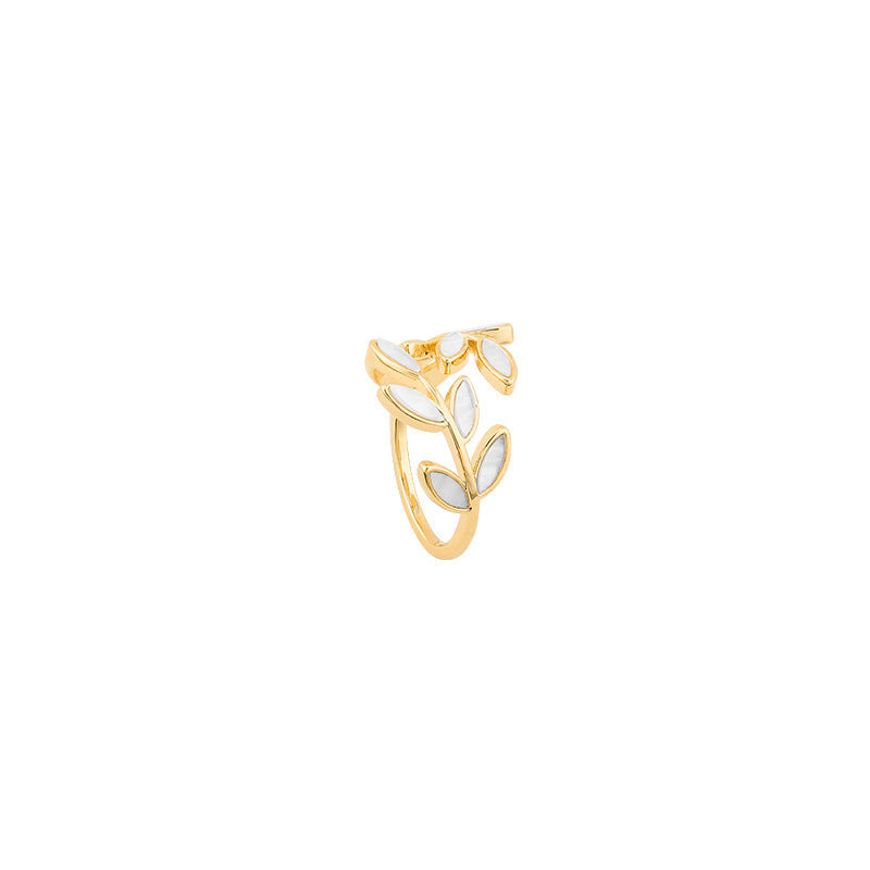 Adjustable Gold Ring With White Opal Leaf